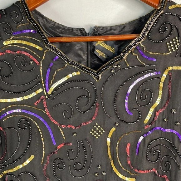 VINTAGE Glamour Silk Sequinned Beaded Dress Black Cocktail Shoulder Pads Size S - Picture 5 of 12